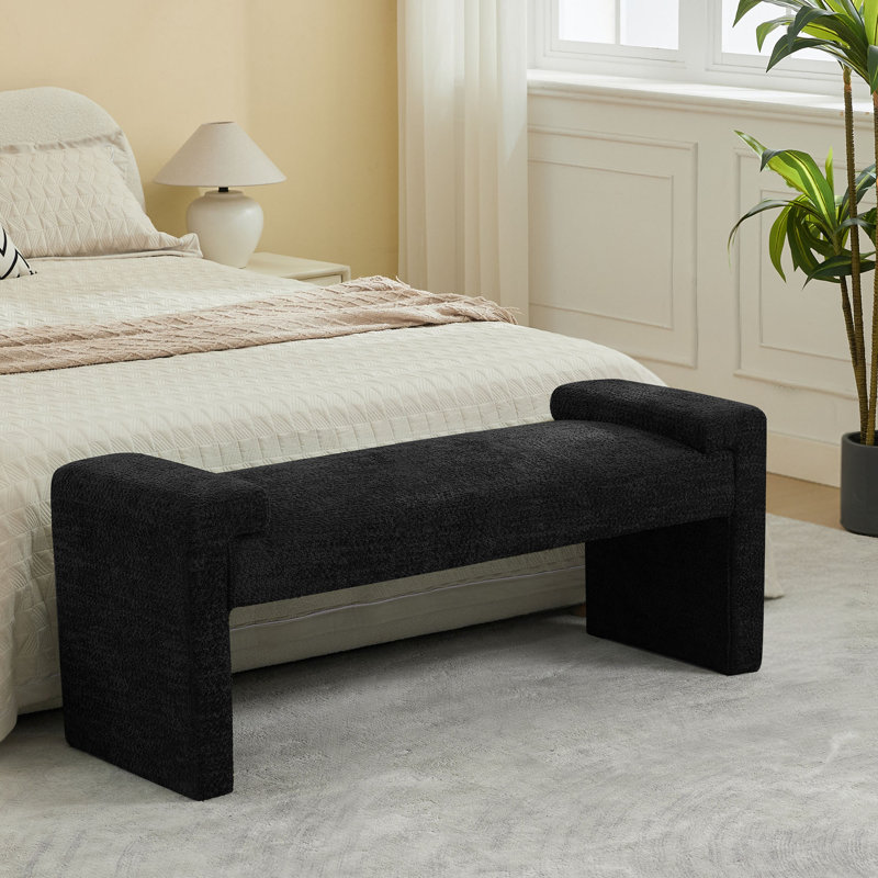 43.3" W Upholstered Bedroom Bench, Black Sherpa, 19.6" H x 43.3" W x 17.3" D