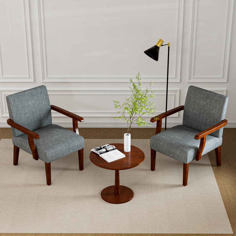 Set of 2 Fabric Upholstered Accent Armchairs with Round Wooden Dining Table, Dark Grey Fabric