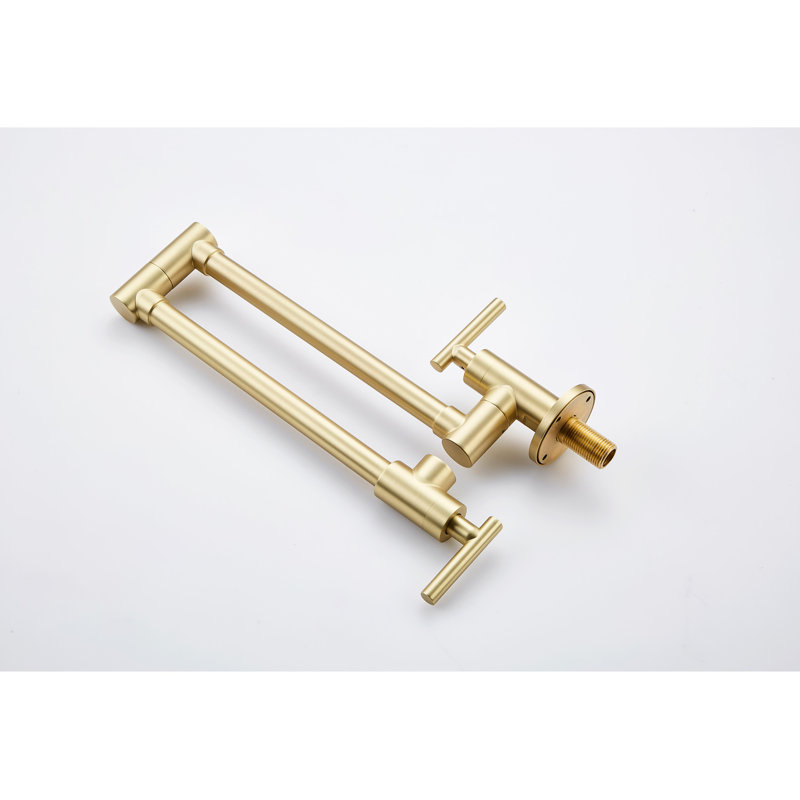 Brushed Gold Wall Mount Pot Filler Faucet - Folding Function, 360 Rotation, Brass Build, Corrosion Surface Treatment, Double Handles For Optimal Water Release Foldable, Twirl, Brass, Coating, Precise