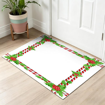 Red Machine Washable,Christmas Border with Candy Cane and Indoor Area Rug