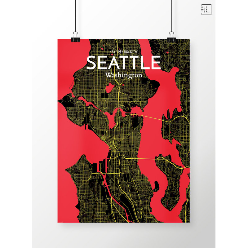 « seattle city map », reproduction d’impression sur affiche en contraste, H 27,6 po x l 19,7 po x P 0,05 po