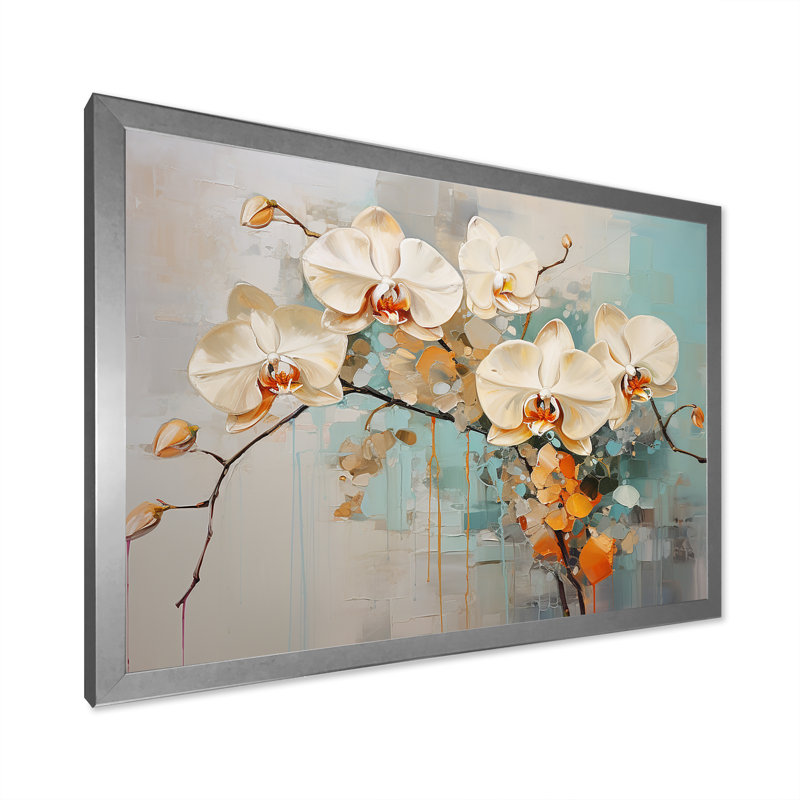 Orchidées beiges tranquillité sur toile, Cadre simple argenté, H 34 po x l 44 po x P 1,5 po