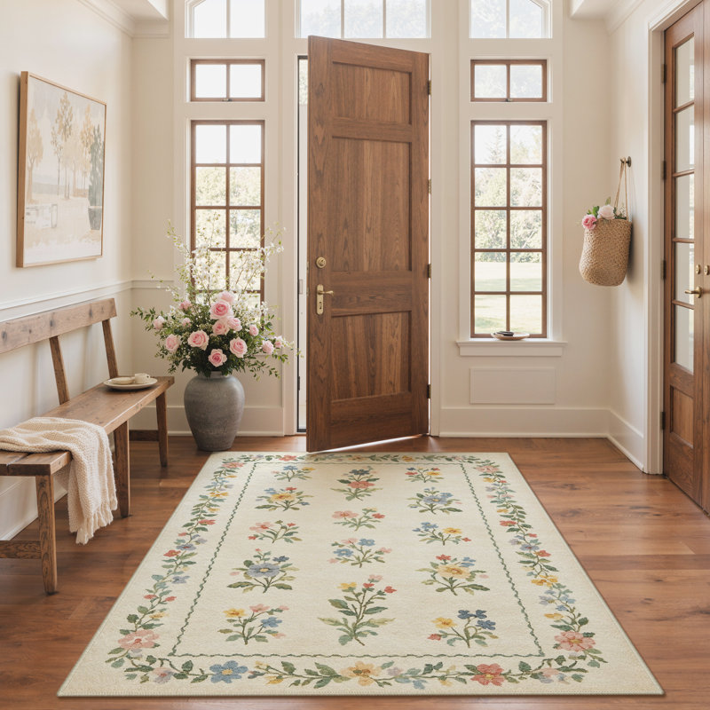 Abingdon Aaron Floral Area Rug, Machine Washable, Soft Faux Cashmere& Non-Slip Backing, Rectangle 5' x 7'