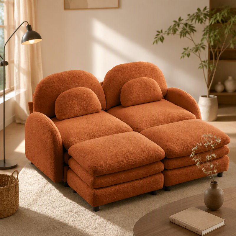 Canapé modulaire 2 places en tissu Teddy avec dossier incurvé, poufs amovibles, coussins à double couche et soutien lombaire ergonomique.