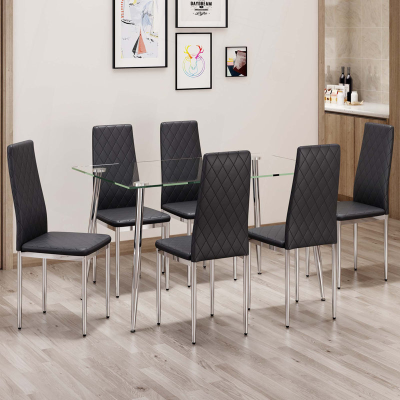 Ensemble de table et de chaises. Table de salle à manger rectangulaire avec plateau en verre trempé et pieds en métal plaqué, jumelée à 6 chaises à dossier haut sans accoudoirs à carreaux avec pieds en métal galvanisé