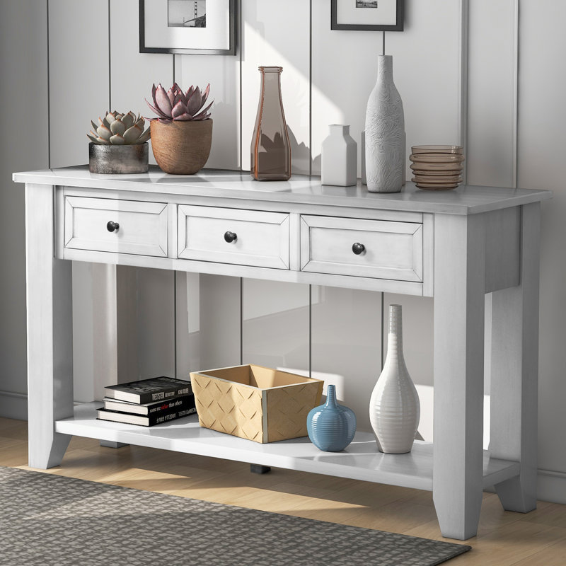 Console Cabras, canapé d'inspiration Mid-Century avec trois tiroirs de rangement et doubles tablettes inférieures, élégant rétro, vestibule, salon, chambre à coucher