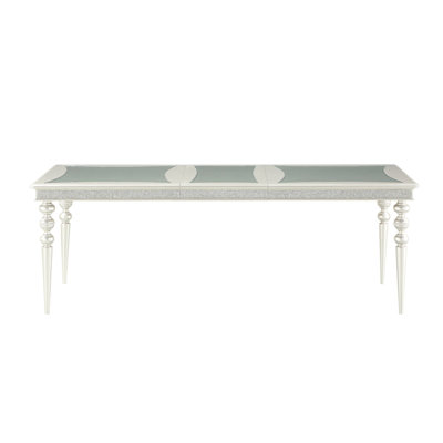 Table de salle à manger à finition platine avec fonction extensible. La rallonge de 20 po ajoute de la capacité en places assises. Bois de peuplier et composite. Élégante conception de strass en miroir. Argent, finition 88 po x 40 po 30 po.