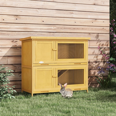 Maison jaune, petit animal avec rampe, plateau et toit amovibles, pour la vie intérieure et extérieure en bois, auvent d'abri, intérieur / extérieur