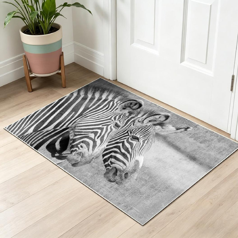 Tapis intérieur noir lavable à la machine, à motifs de deux zèbres et d'un zèbre blanc, Rectangle 32 po x 47 po