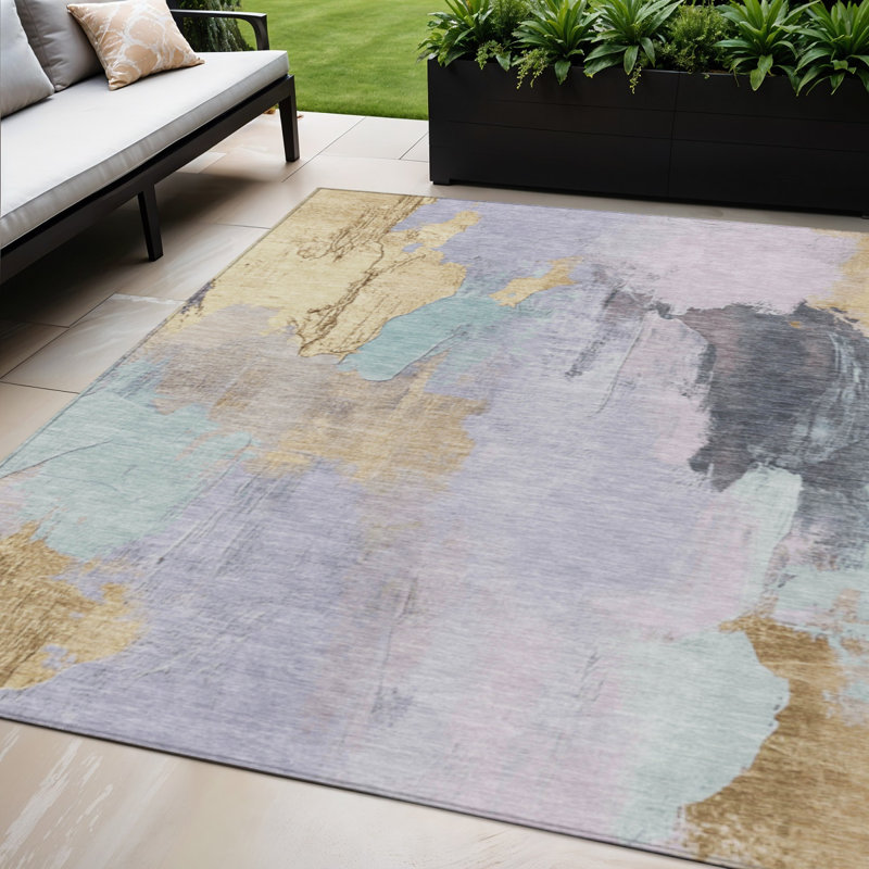 Tapis d'extérieur lavable et doré à motif abstrait lavande 5 pi x 8 pi