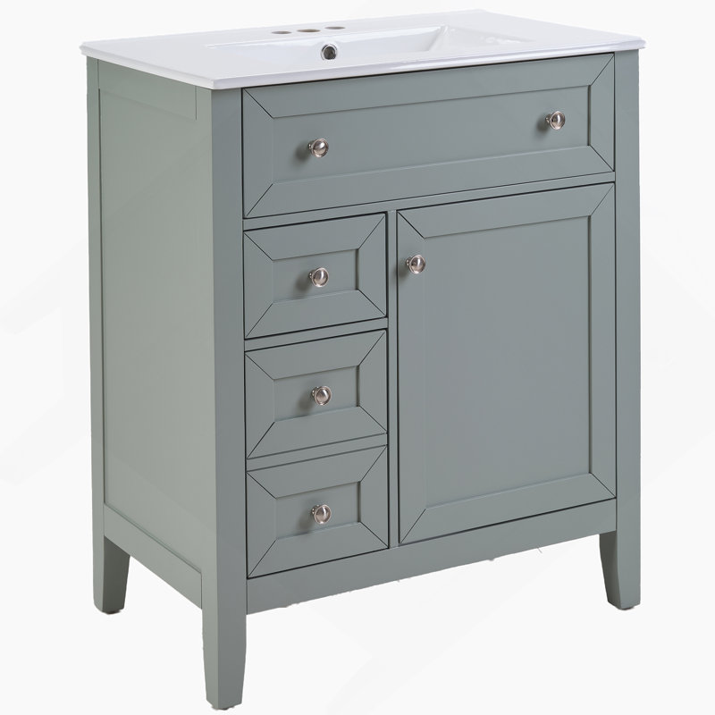 Meuble-lavabo en bois massif avec lavabo sous-comptoir en céramique - Glissières de tiroir à fermeture en douceur 12 po, bac rabattable + tiroir simple + tiroir de rangement, tablette réglable, capacité de charge de 70 kg, gris