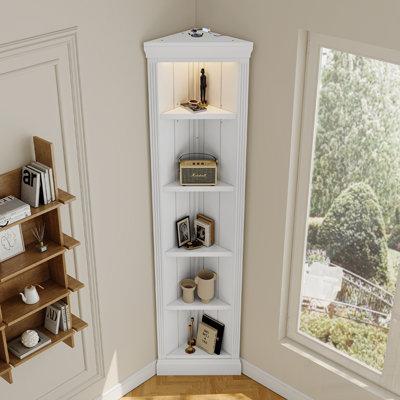Tall Modern Corner Shelf, 5 Tier Bookcase with LED Light, Ideal for Small Space Storage and Stylish Display in Living Room or Home Office
