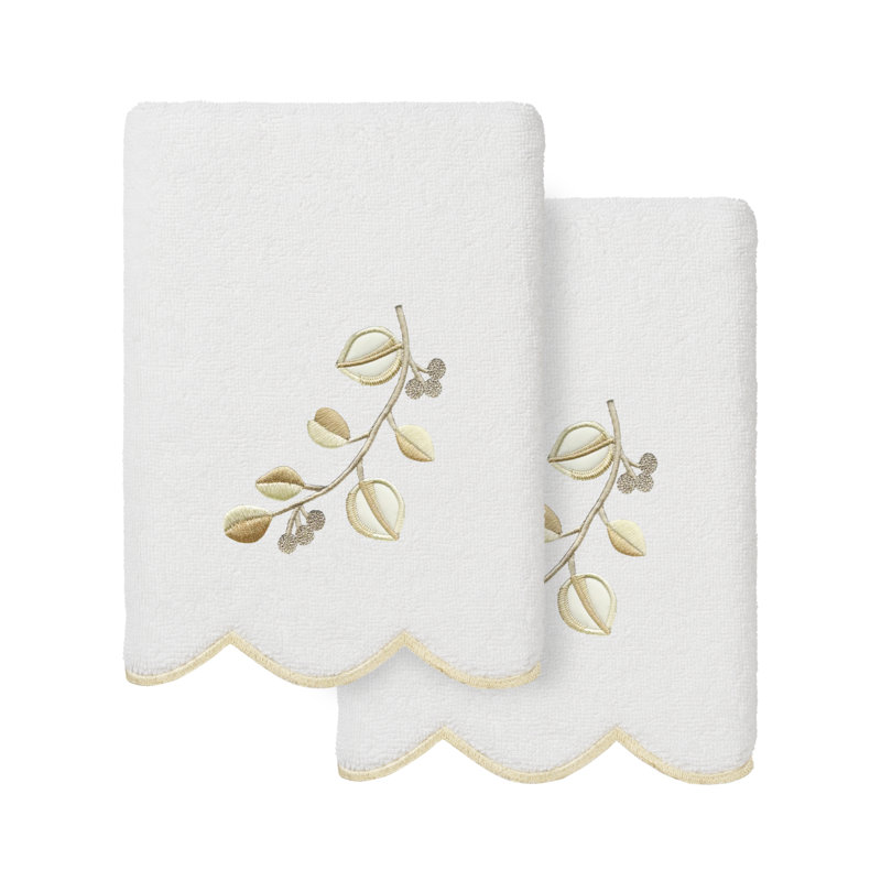  100% Turkish Cotton WILD BRANCH Scallop 2PC Embellished Hand Towel Set, White/Beige, Hand Towel - 2 Pack