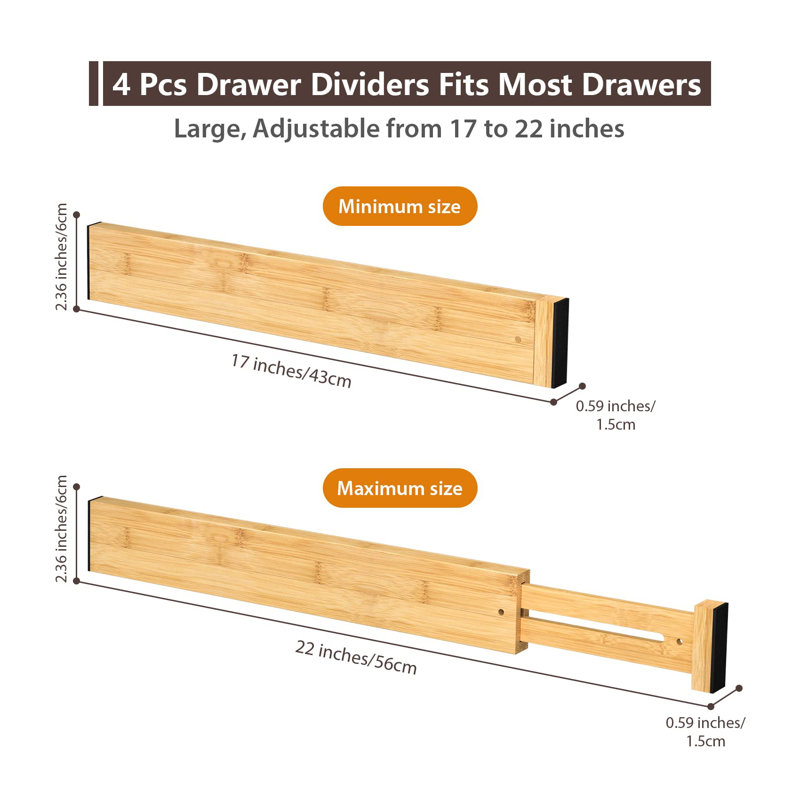 4 Pack Bamboo Drawer Dividers – Adjustable 17-22" Expandable Organizer for Kitchen, Bedroom, Bathroom, Dresser & Office, Natural