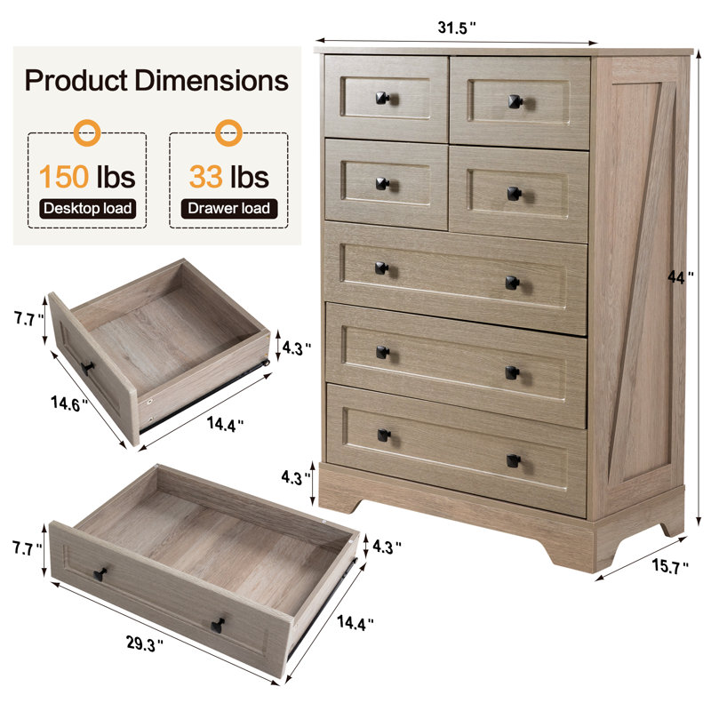 31.5 " W 7 - Drawer Dresser, Gray