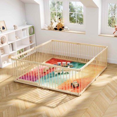 Natural Pine Wood Baby Playpen – Foldable, Adjustable Safety Fence with Dual-Lock Gate and Suction Stabilizers
