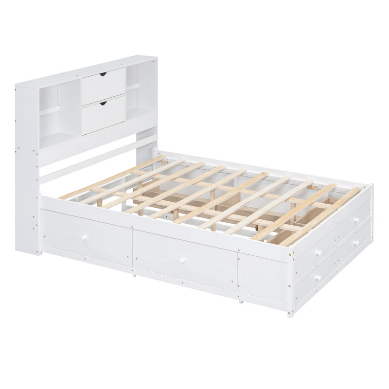 Brackney Platform Bed with Storage Headboard and 8 Drawers, White, Queen