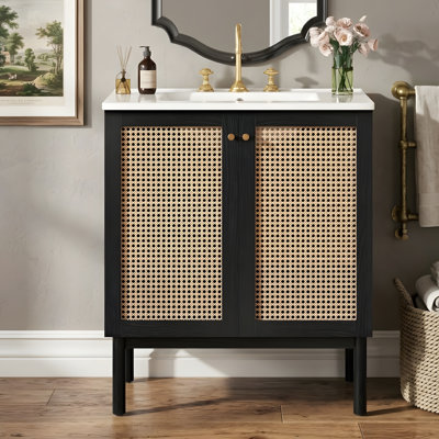 Meuble-lavabo de 30 pouces fabriqué à partir de matériaux naturels, avec des portes en rotin faites à la main