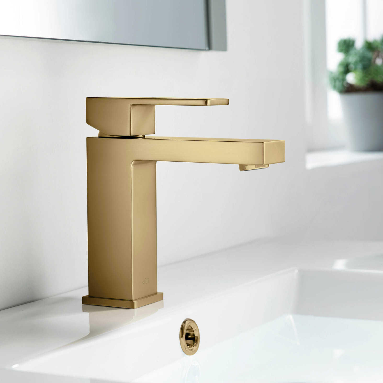 Cube Single-Hole Bathroom Faucet, Brushed Brass, Drain Assembly Included