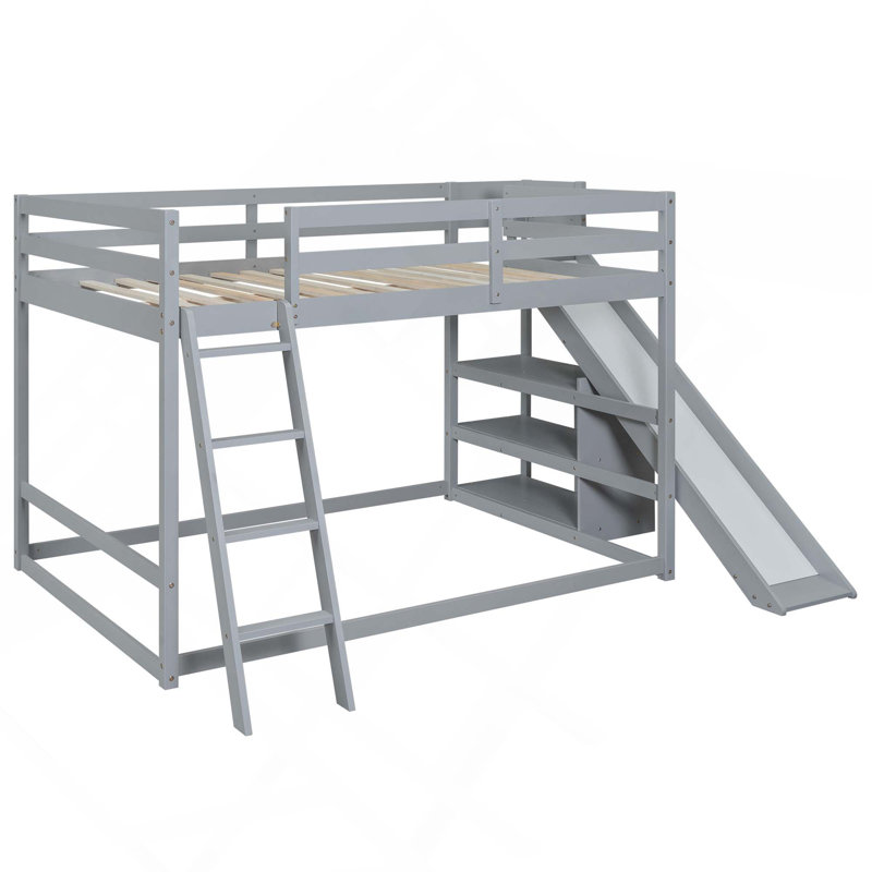 Lit superposé double avec échelle, glissade et tablettes, gris, Gris