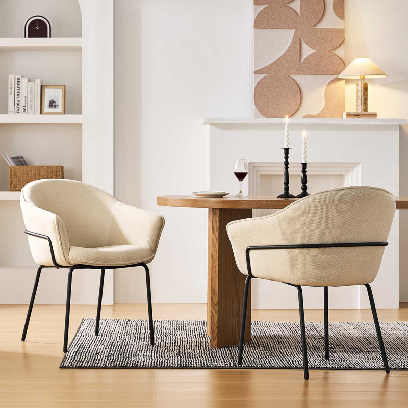 Fabric Accent Chair With Armrests, Upholstered Barrel Chair With Metal Legs, Comfy Vanity Chair, Beige