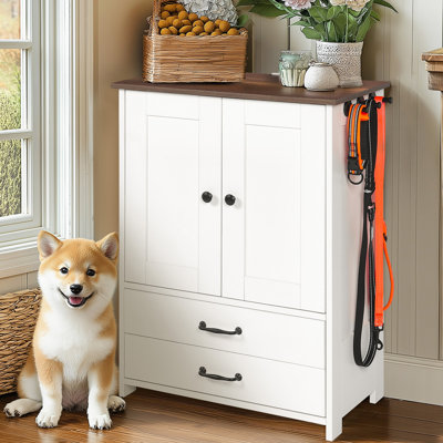 Dog Feeding Station, Dog Food Storage Cabinet With Hidden Dog Bowls, Hooks For Medium Sized Dogs