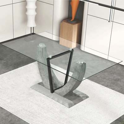 Grande table rectangulaire moderne et épurée en verre, pouvant accueillir de 6 à 8 personnes, équipée d'un plateau en verre trempé de 1 cm d'épaisseur et de larges pieds en MDF, F-907