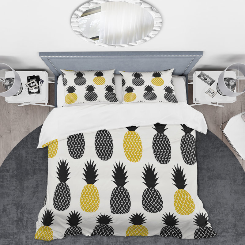 Ananas noir et jaune - ensemble de housse de couette moderne Mid-Century - microfibre de polyester