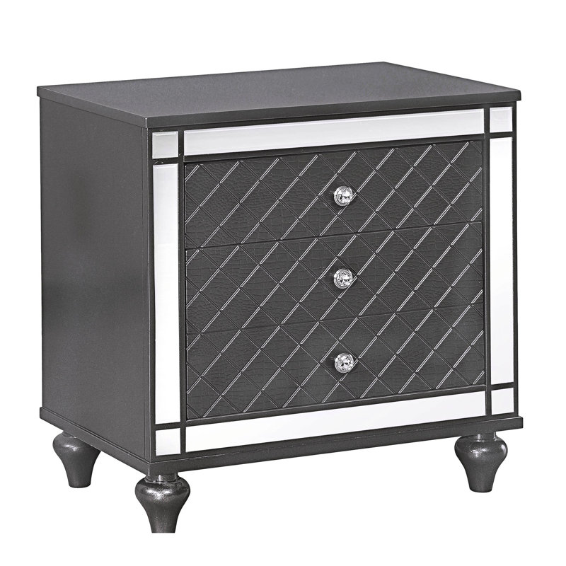 Table de chevet 3 tiroirs en bois massif gris avec placage miroir et poignée en métal