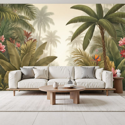 Papier peint adhésif pelez et collez, palmiers de la jungle tropicale, fleurs exotiques, atmosphère de forêt tropicale brumeuse, papier peint amovible en PVC, H 69 po x l 96 po, pour chambre à coucher, bureau à domicile, bureau à domicile