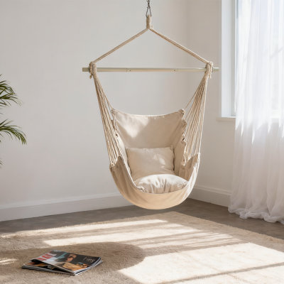 Chaise hamac suspendue, balançoire en corde de coton avec 2 coussins, poche latérale et ensemble de quincaillerie, capacité de 500 lb