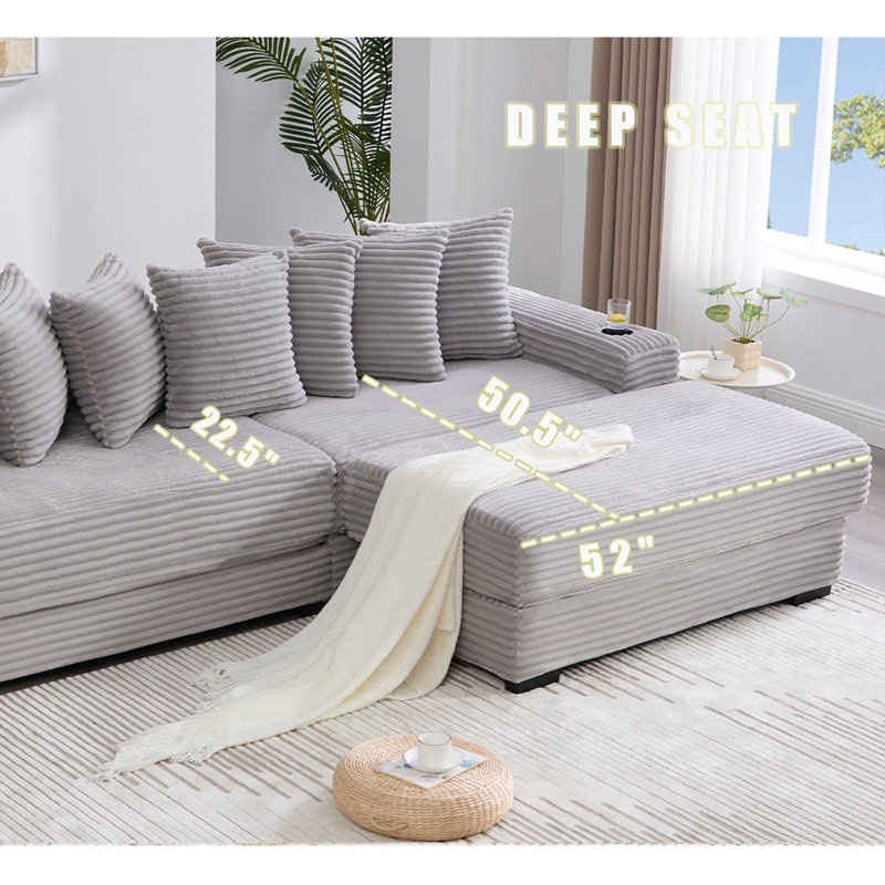 Canapé modulaire en L 110,75 po, canapé modulaire en velours côtelé, avec repose-pieds mobile, porte-gobelets, 8 coussins décoratifs, poche latérale, déplier dans un lit