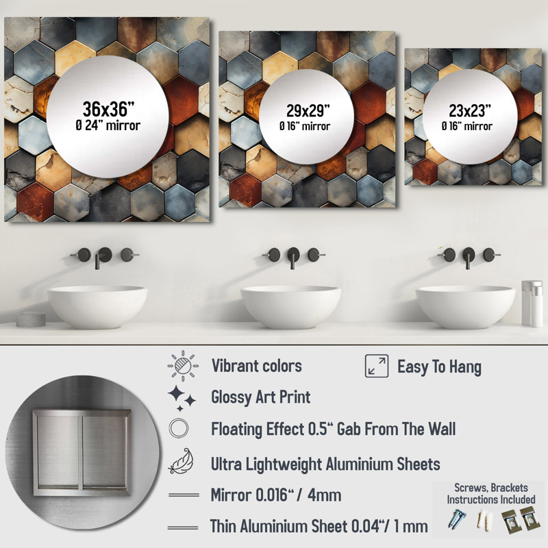 Rustic Hexagons Boho Pattern II - Modern Large Square Mirror For Wall Art Decor, 23" x 23"