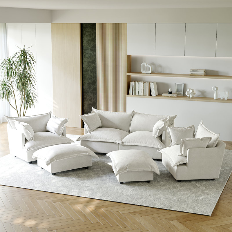 6 Seater Sectional, Beige Chenille