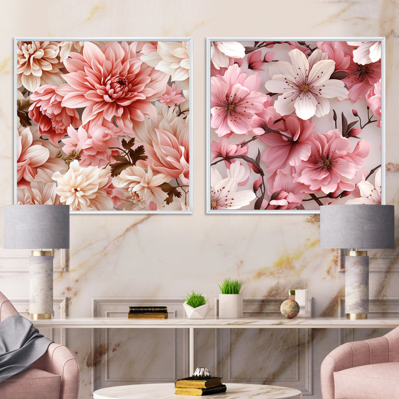 Ensemble de 2 collages carrés carrés floraux de tosha, Cadre flottant blanc, H 36 po x l 73 po