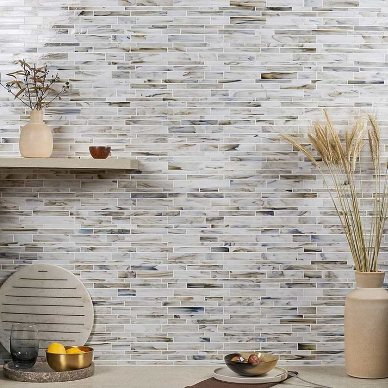 Matchstix 11x11 Brick Polished Glass Mosaic Tile, Aura White