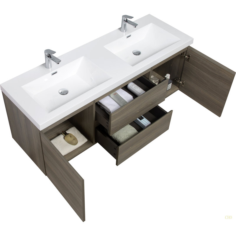 Meuble-lavabo flottant de 60 po avec lavabo, meuble-lavabo mural moderne avec lavabo double en résine et tiroirs à fermeture en douceur