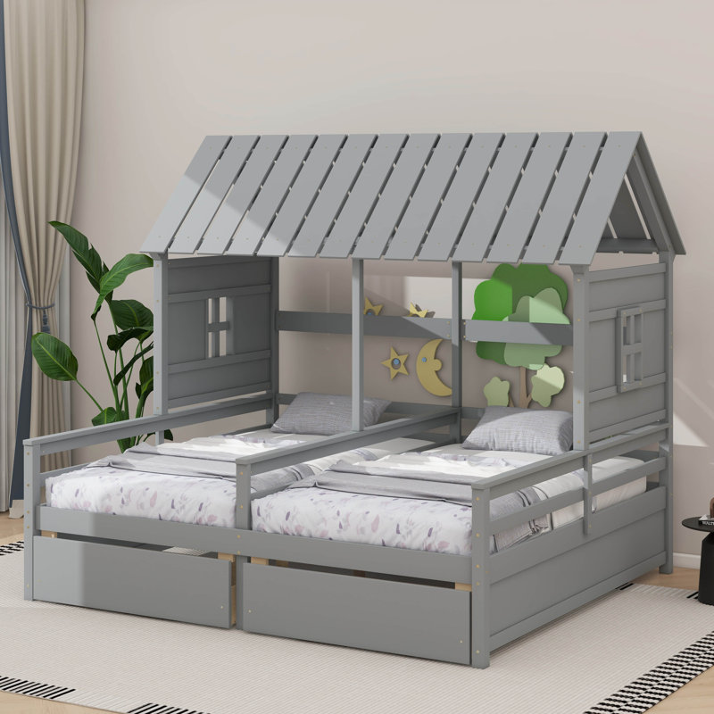Twin-Sized Platform Beds With Dual Drawers For Children To Share - Ideal For Both Boys And Girls, Gray