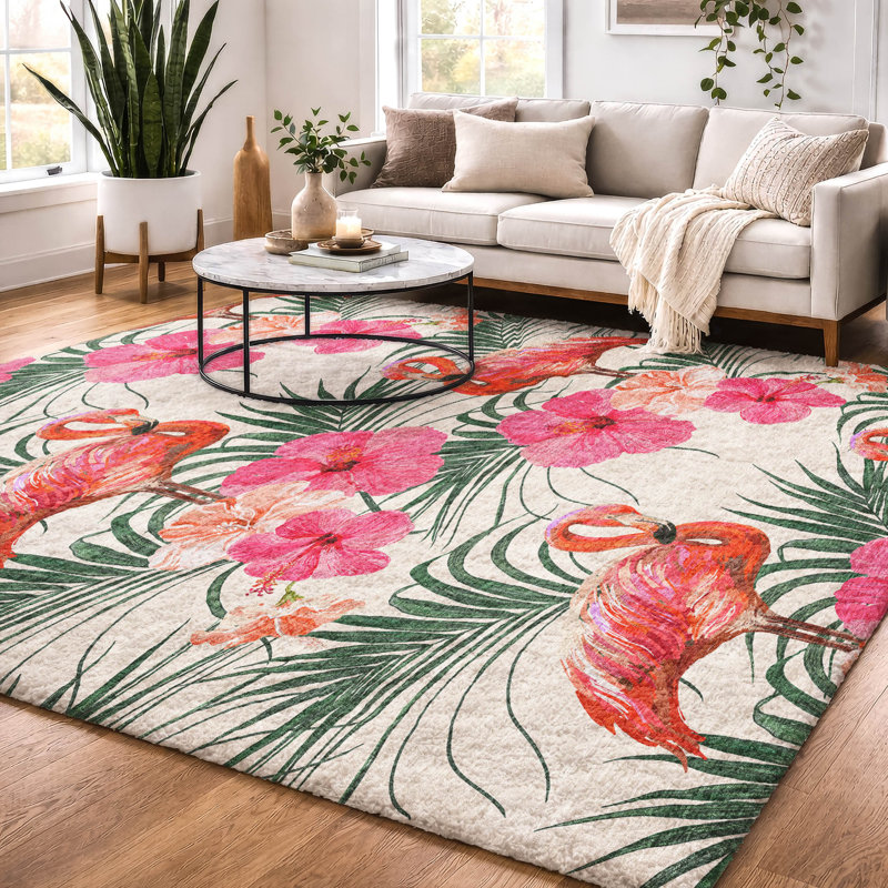 Premium Machine Washable Dream Shag ADS207 Leaves and Flamingos Rug, 9' x 12'