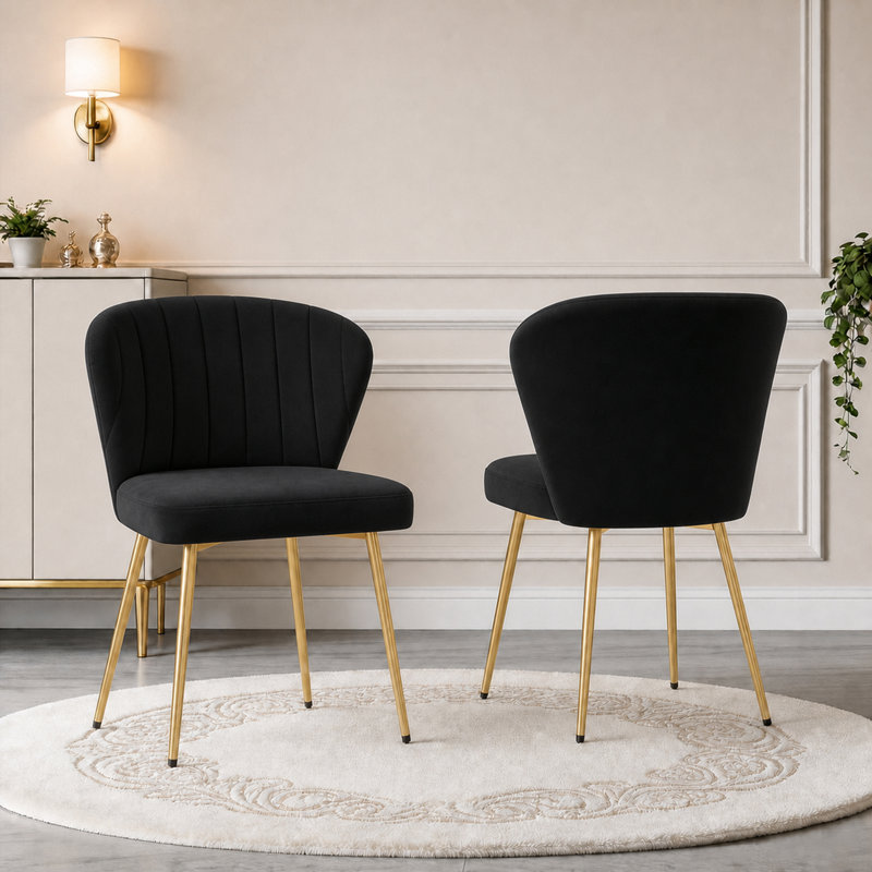 Fauteuil de salle à manger moderne à oreilles en velours capitonné avec pieds en métal, Noir