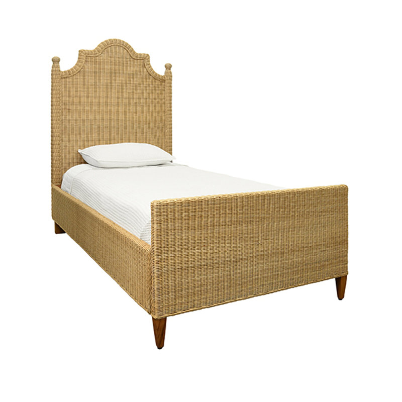 Bed Frame with Arched Headboard, Side Rails, and Footboard in Rattan with Wood Feet, Twin