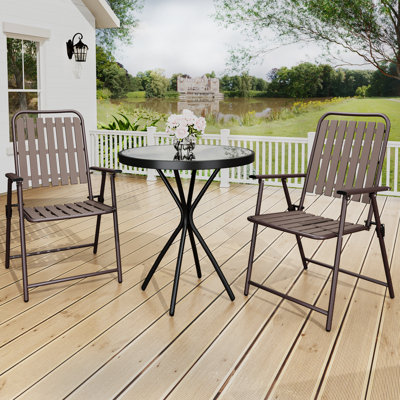 3-Piece Patio Dining Furniture Set With Round Tempered Glass Table, 2 Foldable Chairs