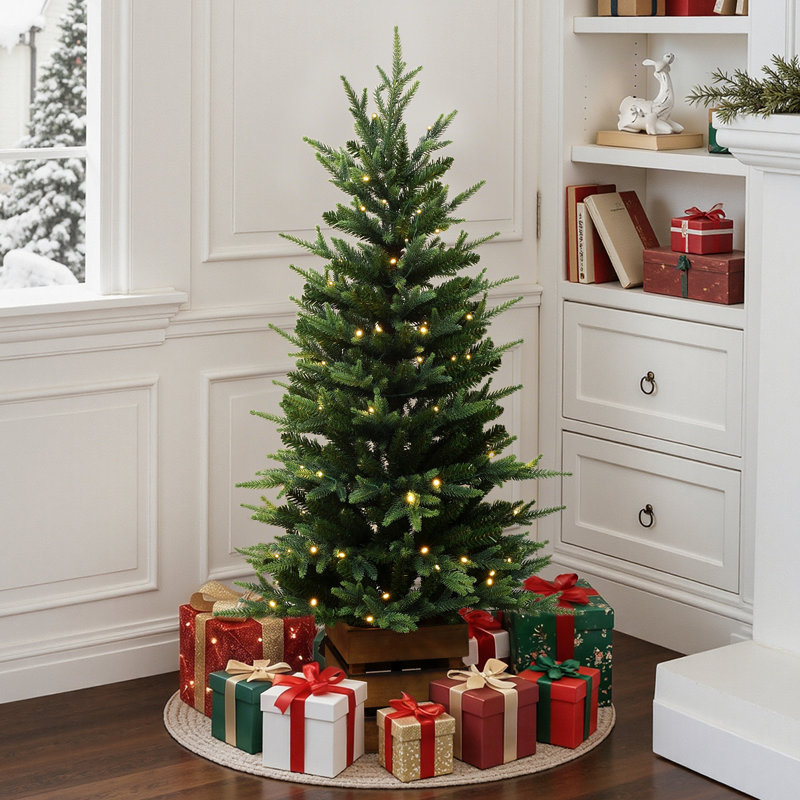 Sapin de Noël artificiel vert foncé de 122 cm (4 pi), pré-illuminé, avec pot en bois et 100 DEL blanc chaud
