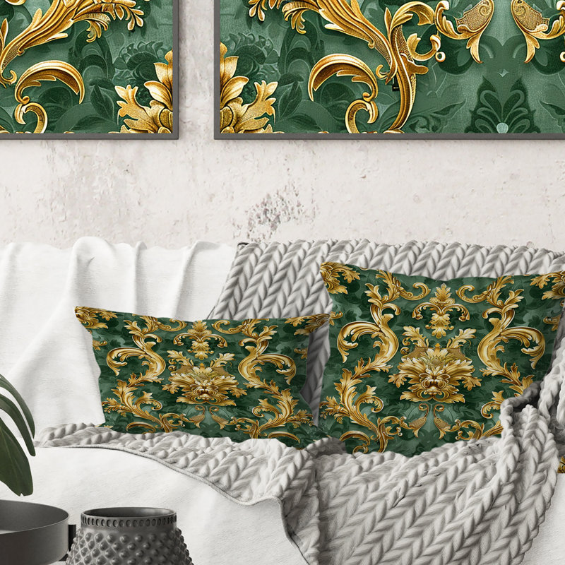 Motif damassé vert et or baroque vert III - Damas, H 16 po x l 16 po, Carrée