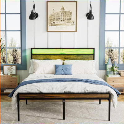 Queen Size Particle Board &amp; Iron Platform Bed Frame with Storage Headboard, LED Lights &amp; Charging Station, Noise-Free, No Box Spring Needed, Vintage Brown for Master Bedroom