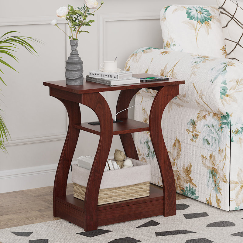 23.62'' End Table,Small Side Table with Built-In Outlets for Living Room,Bedroom,Nightstand, 1, Red Wood