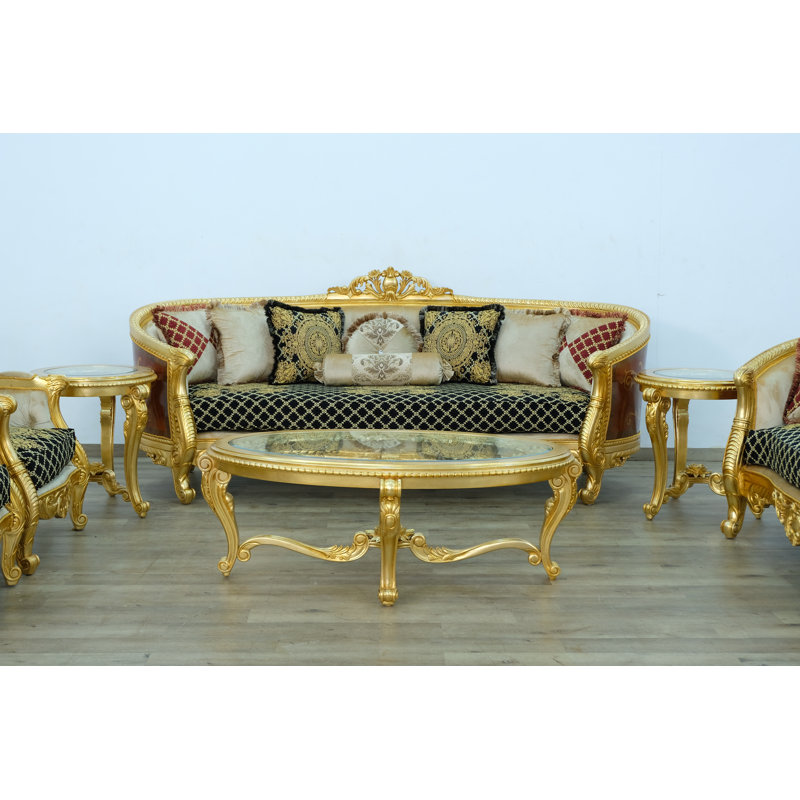 3 Piece Luxor Ii Sofa Set Black Gold Fabric, Black/Gold