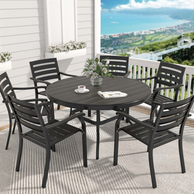 All - Weather Outdoor Round Table For 6 7 People, Metal Dining With Umbrella Hole, Powder Coating Rust , Bent Leg Design Aesthetics And Balance, Hand