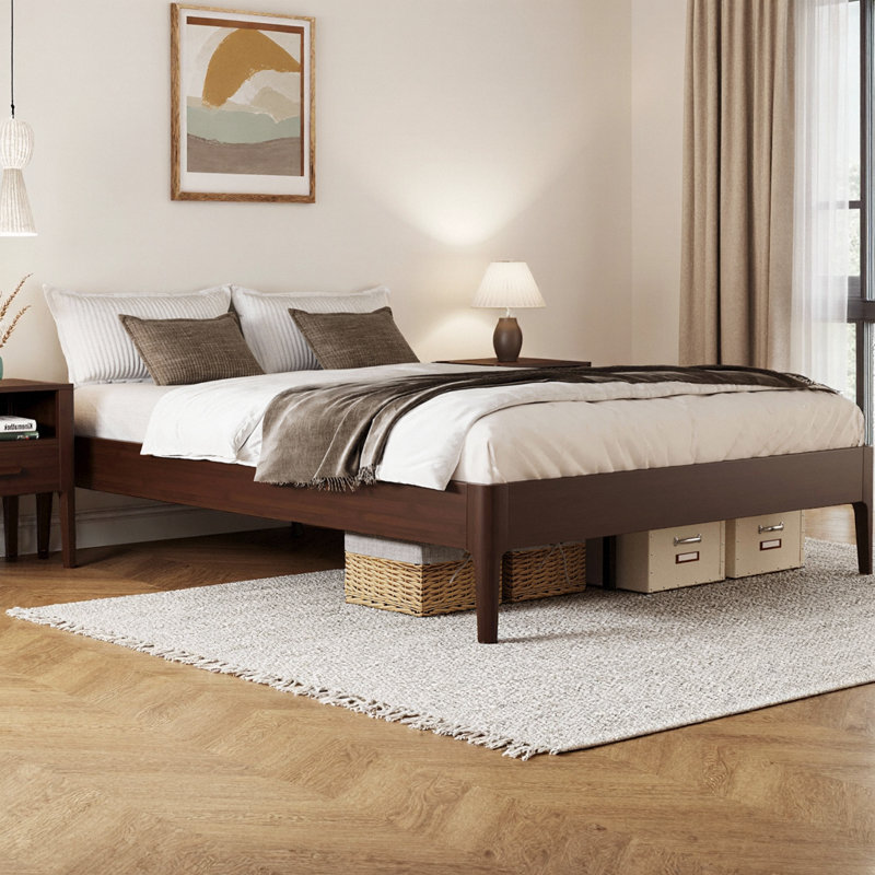 Base de lit plateforme en bambou massif de 15 pouces de hauteur avec support en métal, base en lattes de bois minimaliste moderne, aucun sommier tapissier requis, sans bruit, assemblage facile