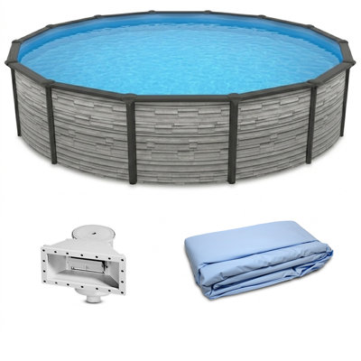 Blue Wave Montilla 24-ft Round 52-in Deep Hard Sided Steel Wall Above Ground Pool with 6-in Top Seats, 5-in Verticals, Skimmer & Vinyl Liner - 12,600 Gallon Capacity for Family Swimming & Recreation